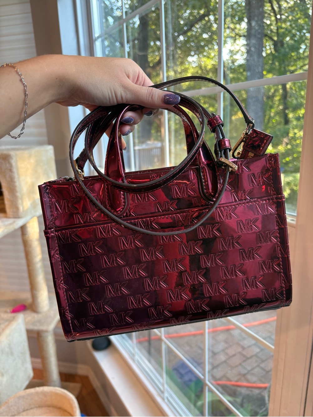 Michael Kors Metallic Cherry Red Satchel with MK Logo
